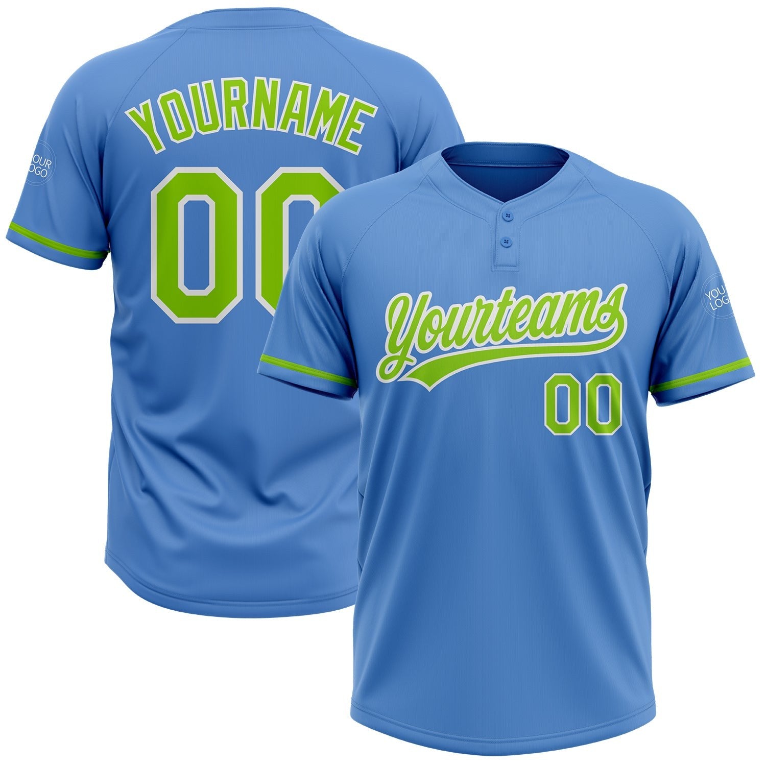 Custom Powder Blue Neon Green-White Two-Button Unisex Softball Jersey photo 1