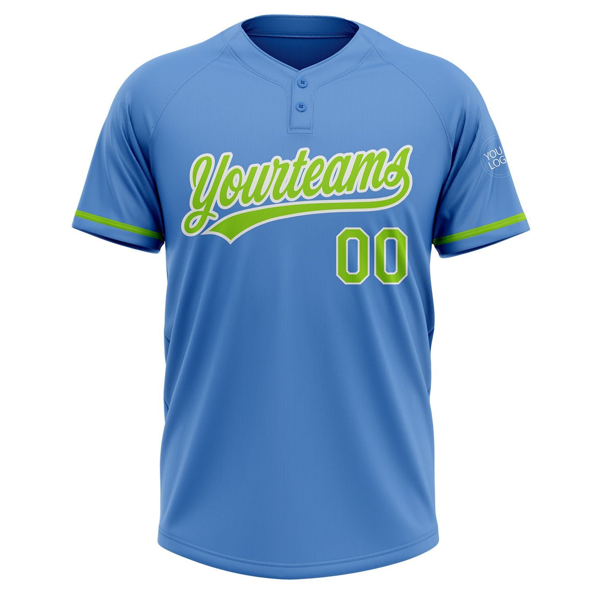 Custom Powder Blue Neon Green-White Two-Button Unisex Softball Jersey photo 2