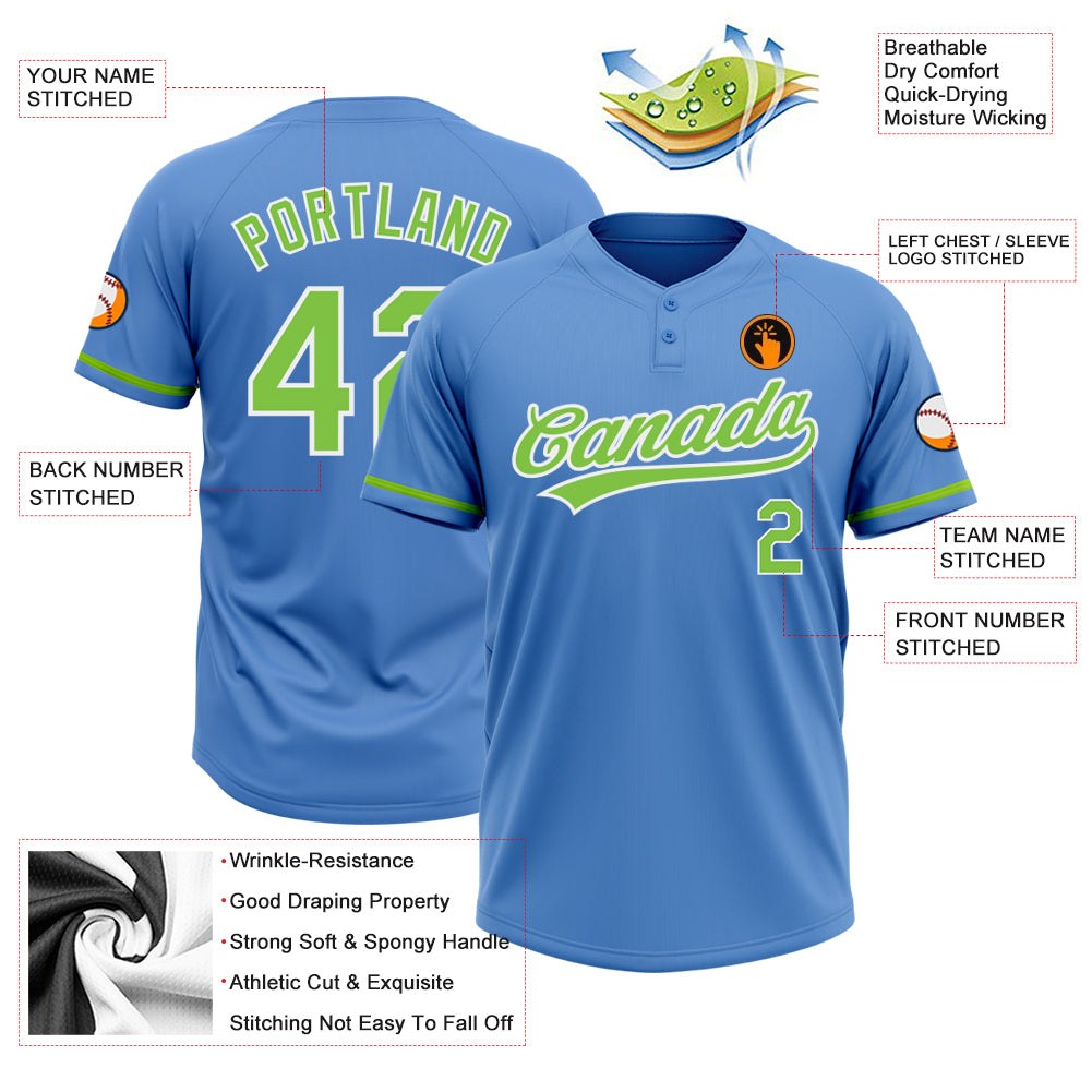Custom Powder Blue Neon Green-White Two-Button Unisex Softball Jersey photo 3