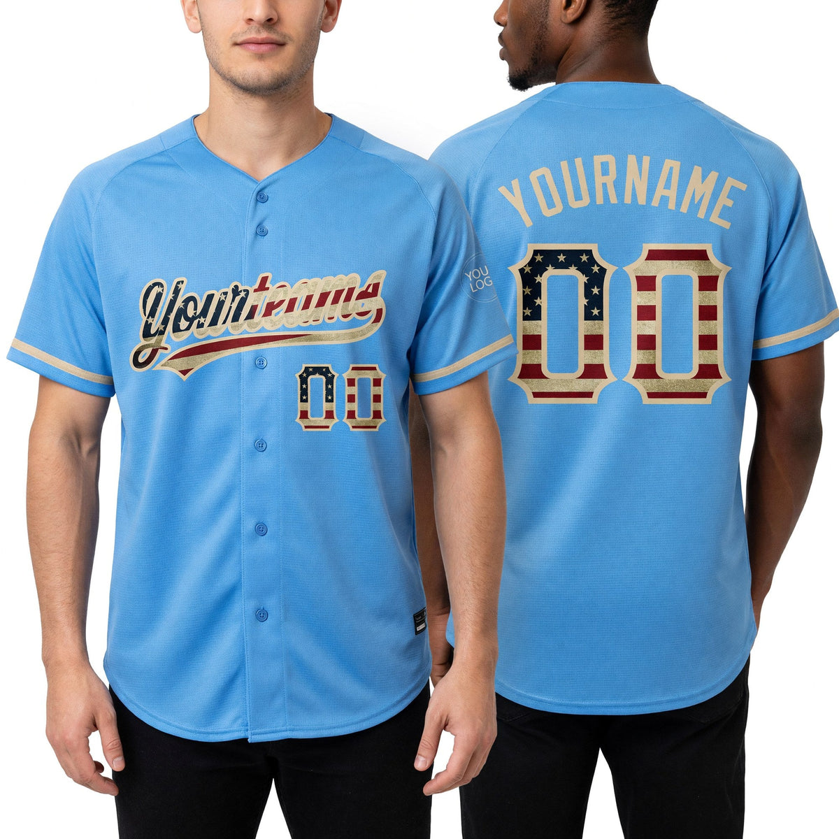 Custom Light Blue Vintage USA Flag-City Cream Two-Button Unisex Softball Jersey worn front and back