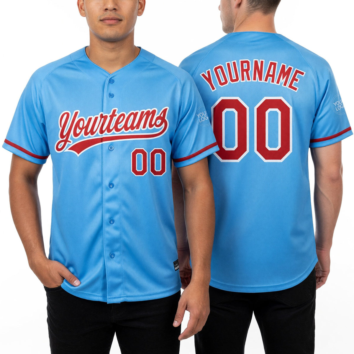 Custom Light Blue Red-White Two-Button Unisex Softball Jersey worn front and back