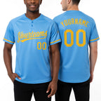 Custom Light Blue Yellow Two-Button Unisex Softball Jersey worn front and back