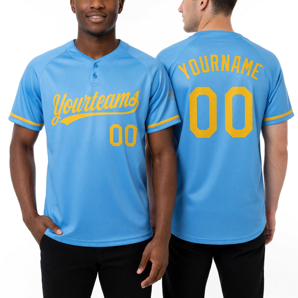 Custom Light Blue Yellow Two-Button Unisex Softball Jersey worn front and back