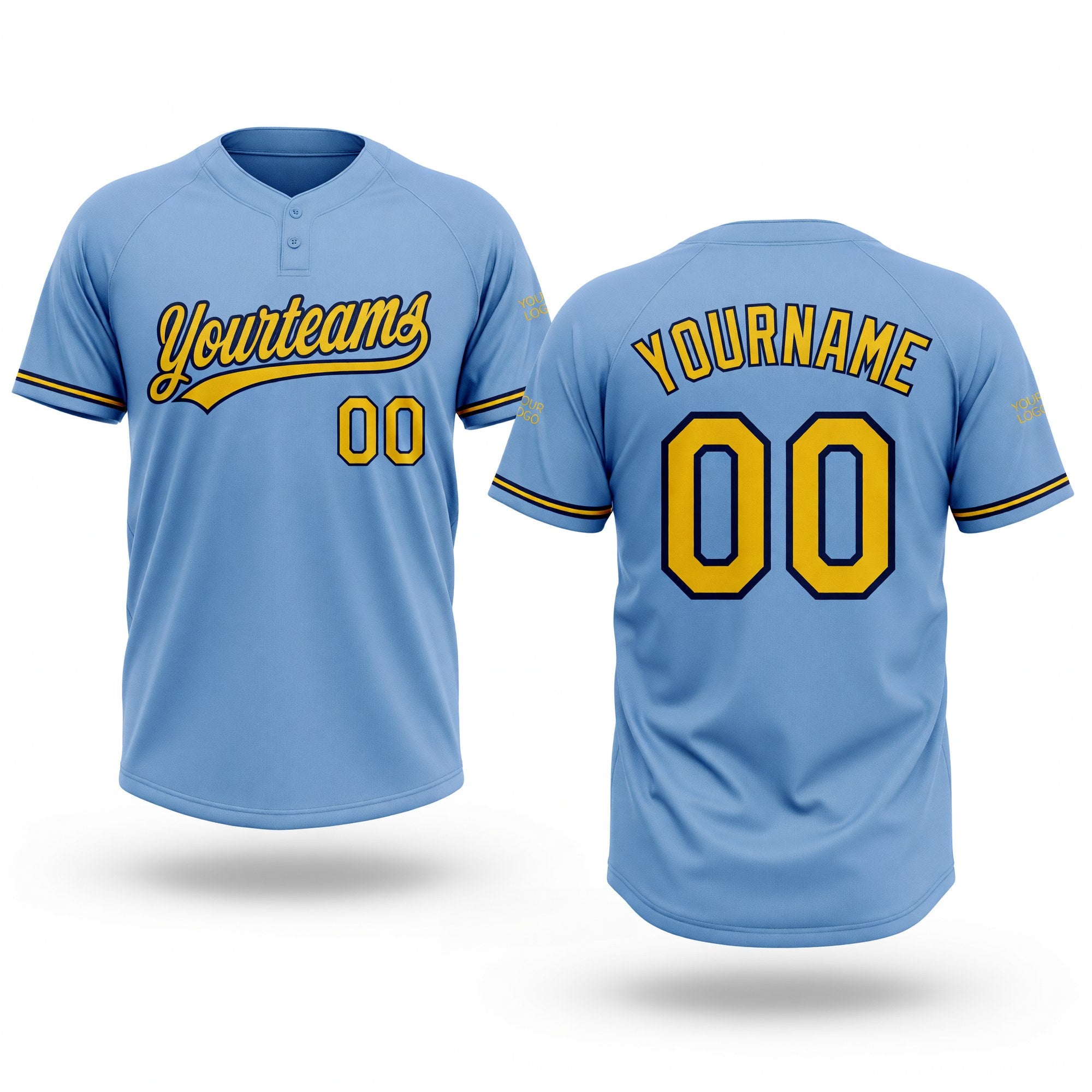 Custom Light Blue Yellow-Navy Two-Button Unisex Softball Jersey