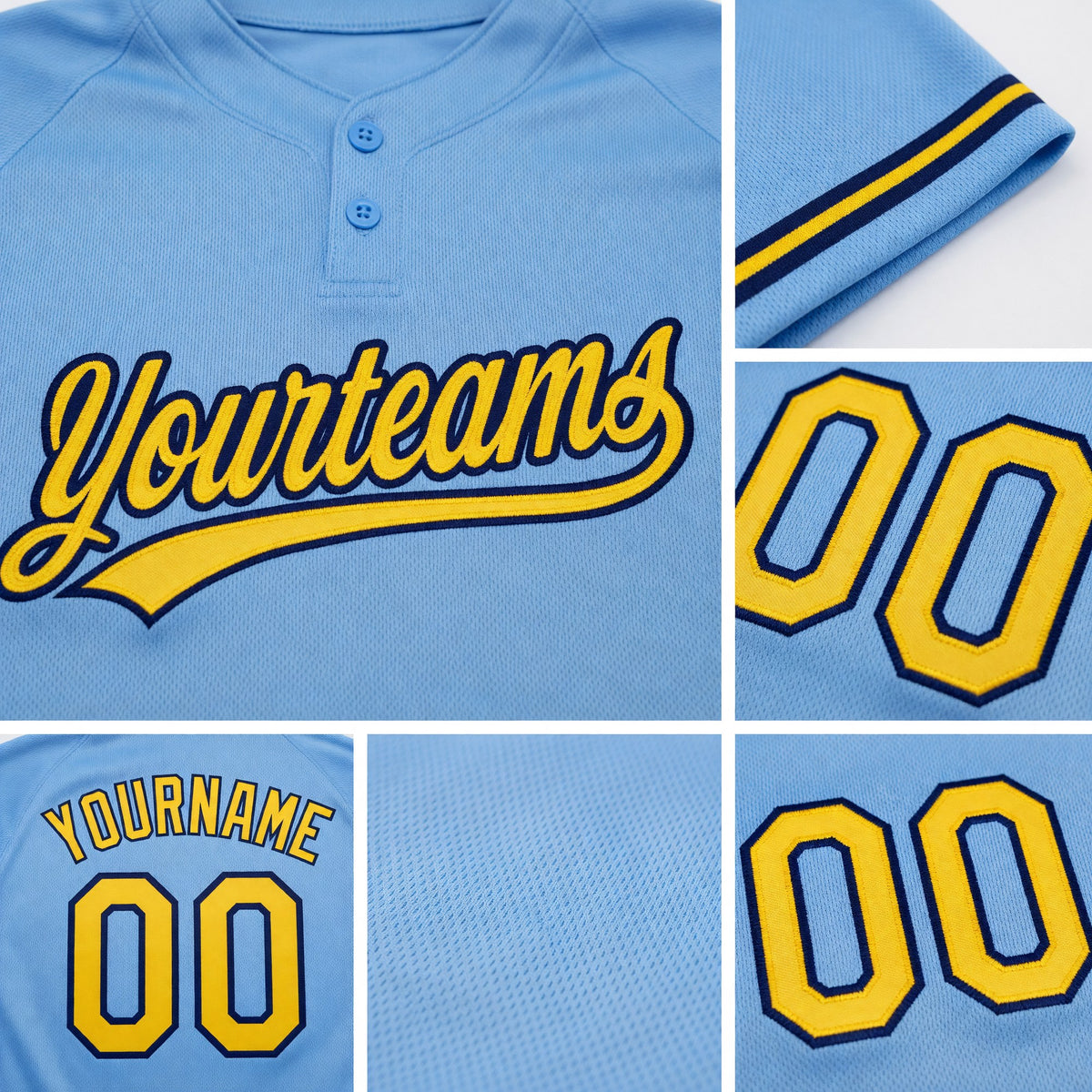 Custom Light Blue Yellow-Navy Two-Button Unisex Softball Jersey detail