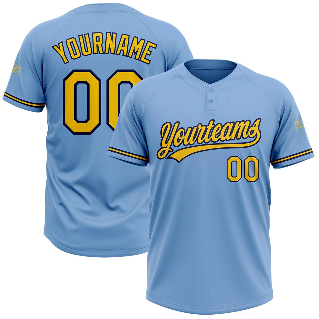 Custom Light Blue Yellow-Navy Two-Button Unisex Softball Jersey photo 1