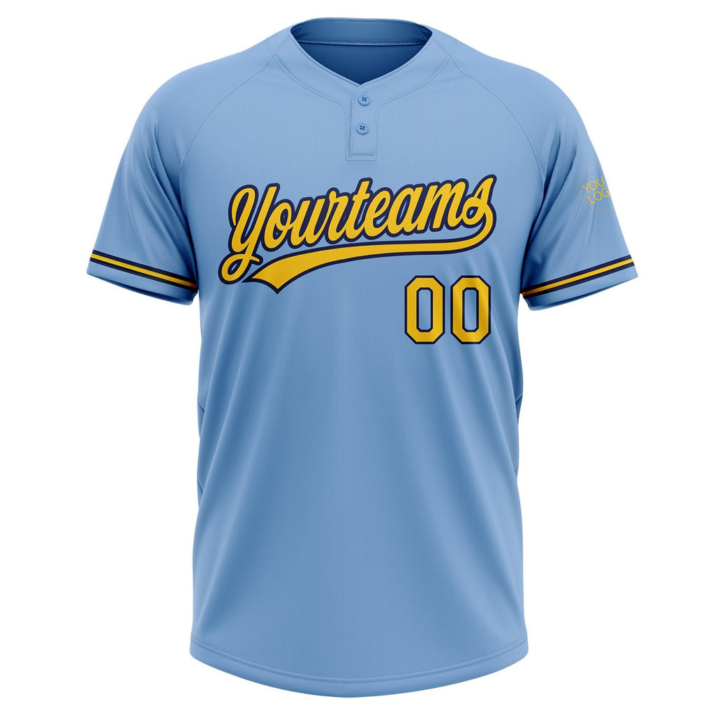 Custom Light Blue Yellow-Navy Two-Button Unisex Softball Jersey photo 2
