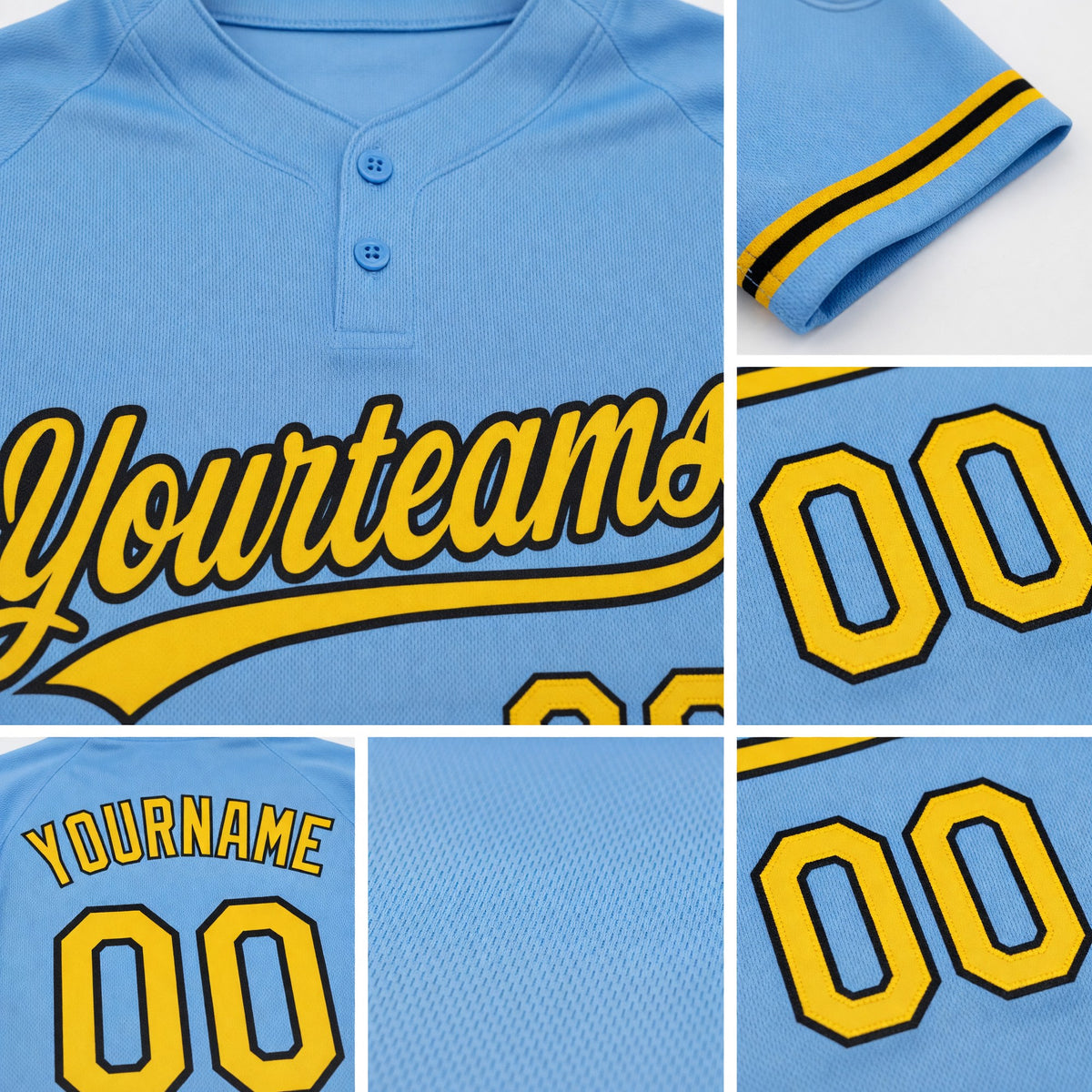 Custom Light Blue Yellow-Black Two-Button Unisex Softball Jersey detail
