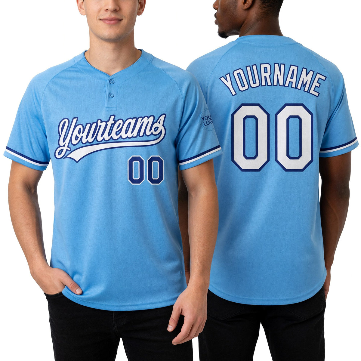 Custom Light Blue White-Royal Two-Button Unisex Softball Jersey worn front and back