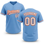 Custom Light Blue White-Orange Two-Button Unisex Softball Jersey