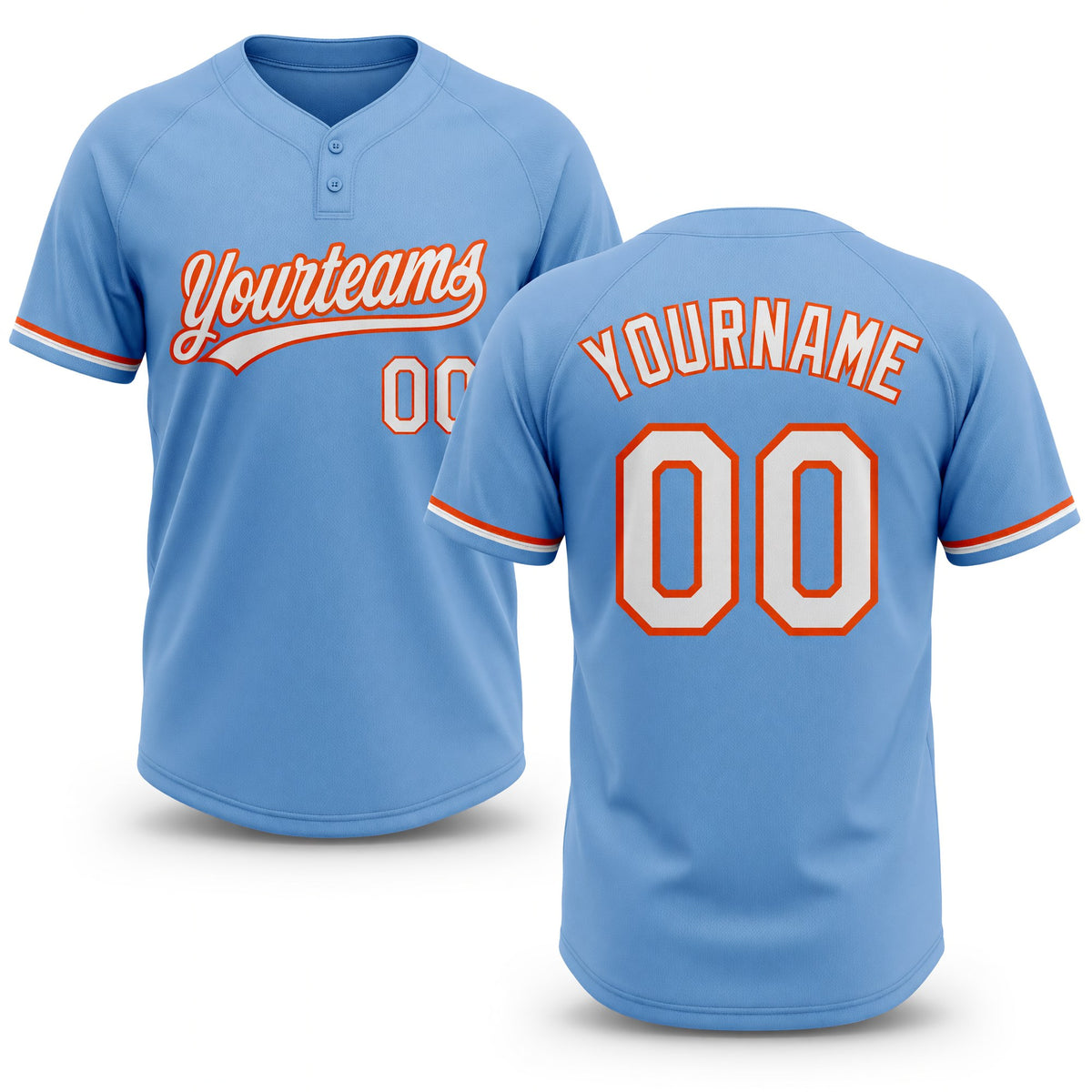 Custom Light Blue White-Orange Two-Button Unisex Softball Jersey
