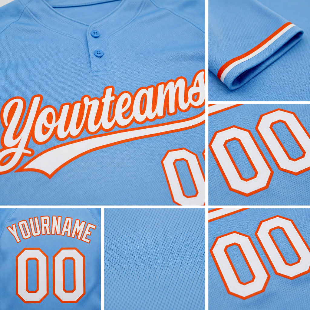 Custom Light Blue White-Orange Two-Button Unisex Softball Jersey detail