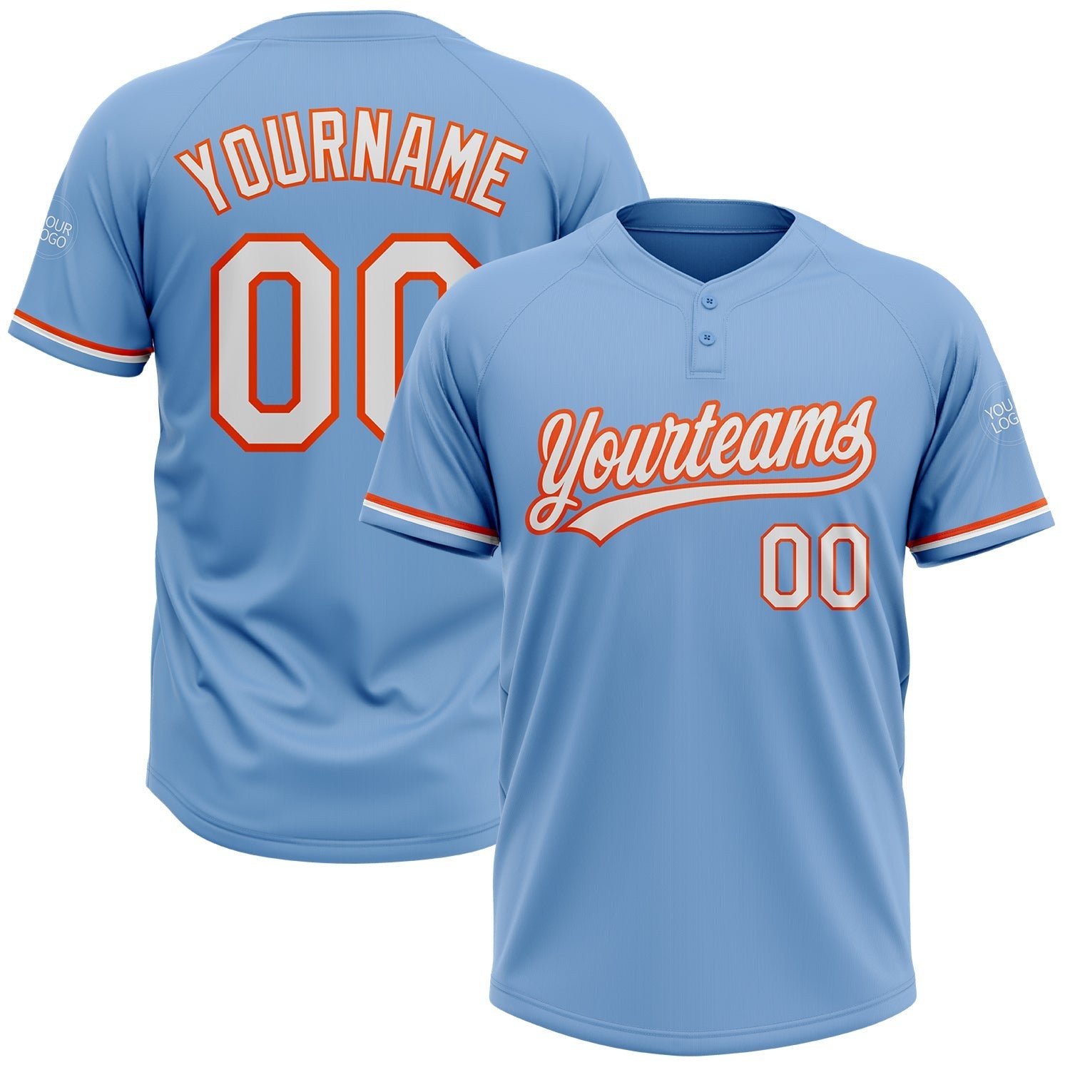 Custom Light Blue White-Orange Two-Button Unisex Softball Jersey photo 1