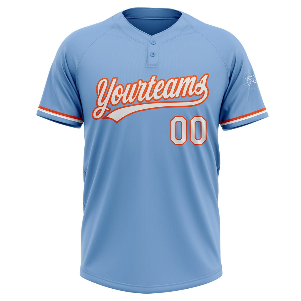 Custom Light Blue White-Orange Two-Button Unisex Softball Jersey photo 2