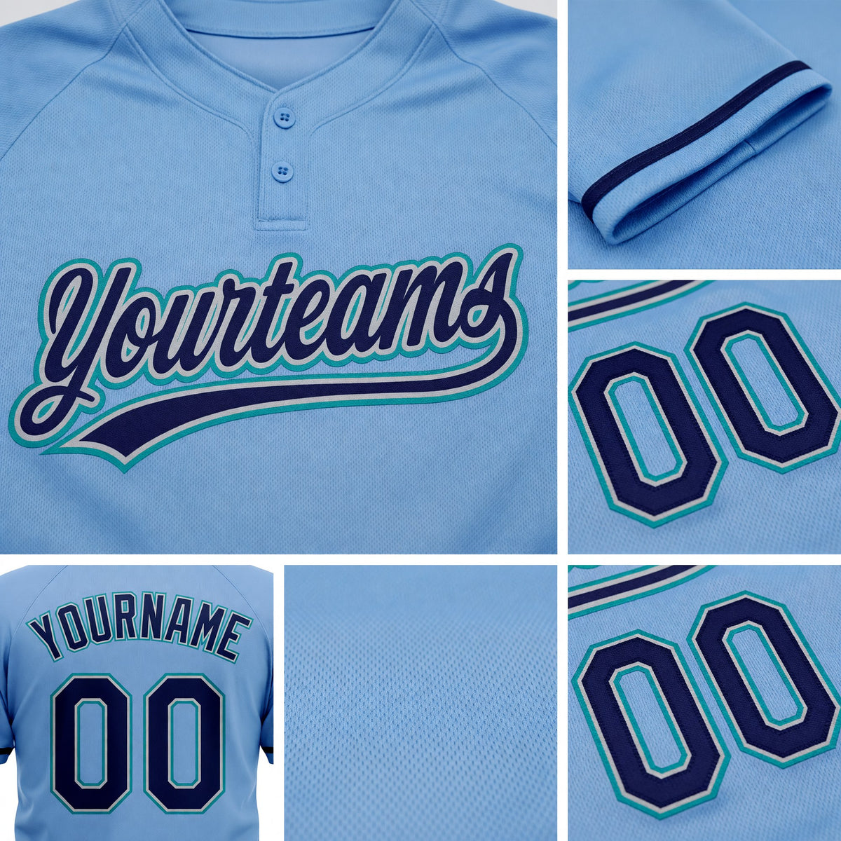 Custom Light Blue Navy Gray-Teal Two-Button Unisex Softball Jersey detail