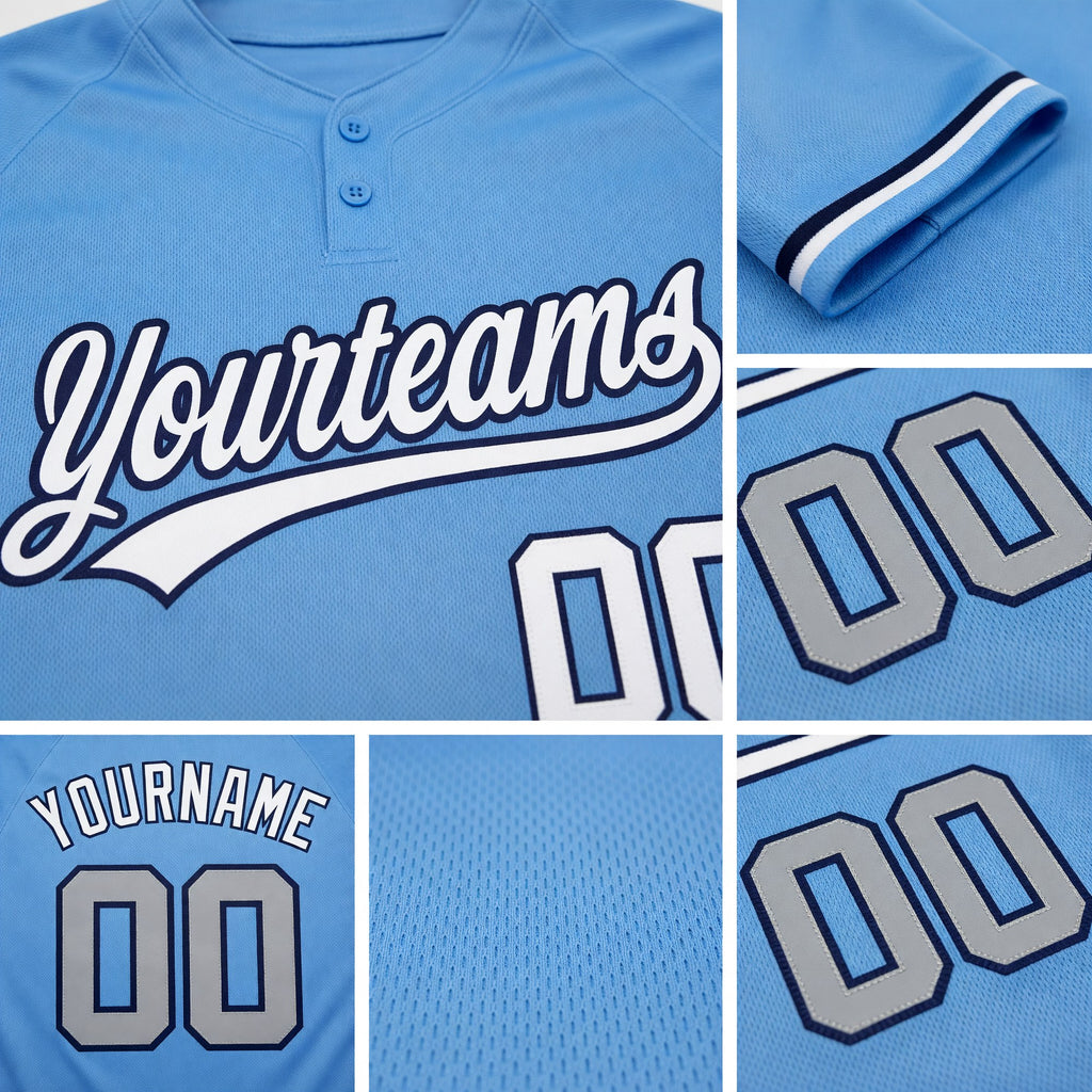 Custom Light Blue White-Navy Two-Button Unisex Softball Jersey detail