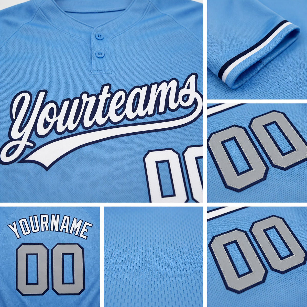 Custom Light Blue White-Navy Two-Button Unisex Softball Jersey detail