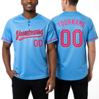 Custom Light Blue Pink-Black Two-Button Unisex Softball Jersey worn front and back