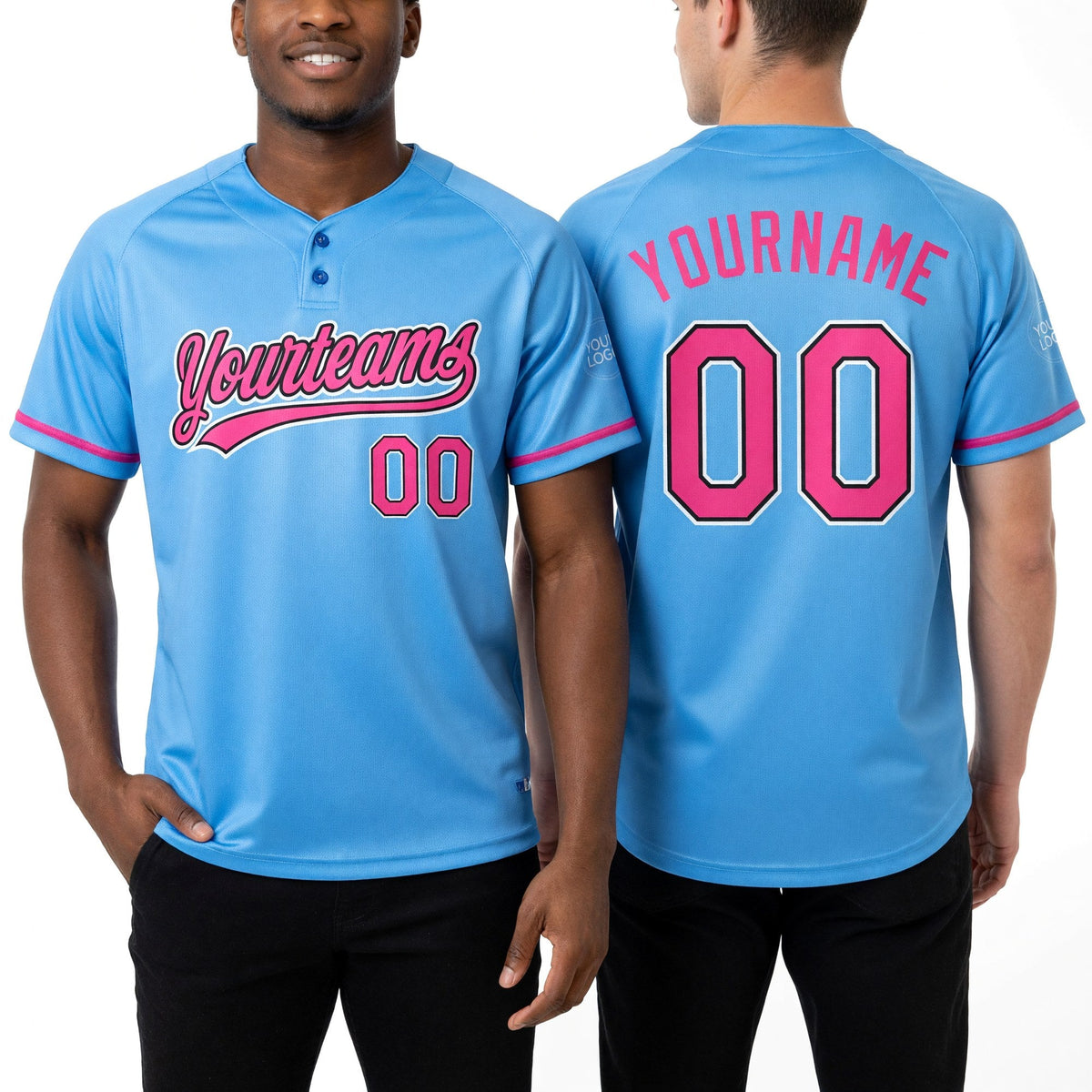 Custom Light Blue Pink-Black Two-Button Unisex Softball Jersey worn front and back