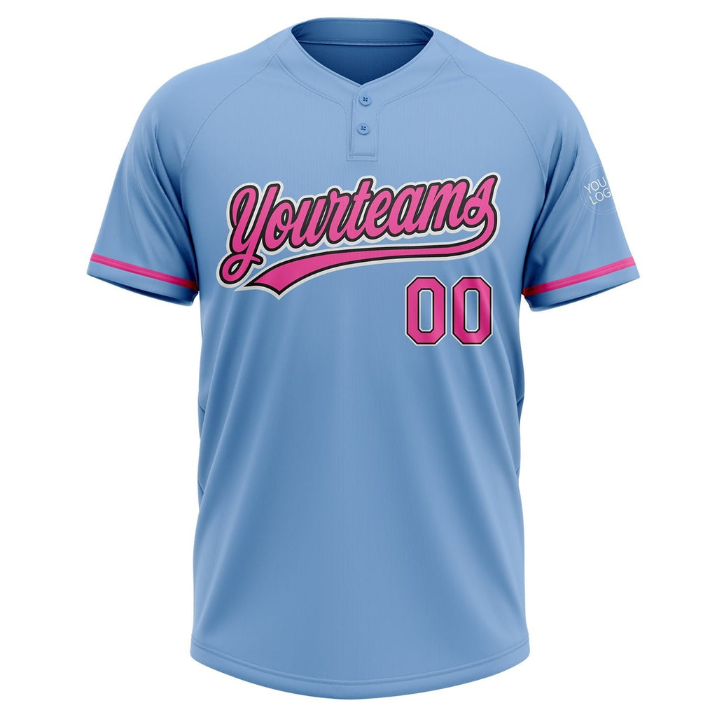 Custom Light Blue Pink-Black Two-Button Unisex Softball Jersey photo 2