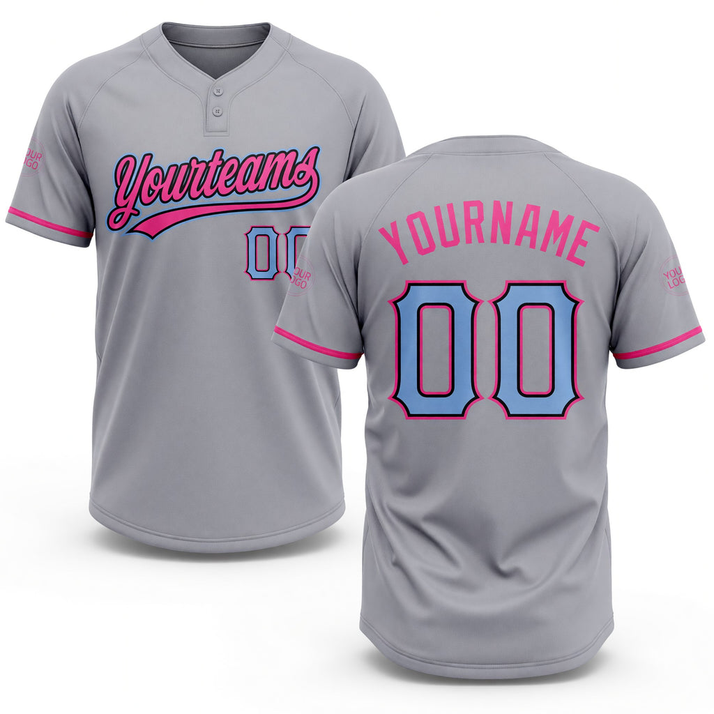 Custom Gray Light Blue Black-Pink Two-Button Unisex Softball Jersey