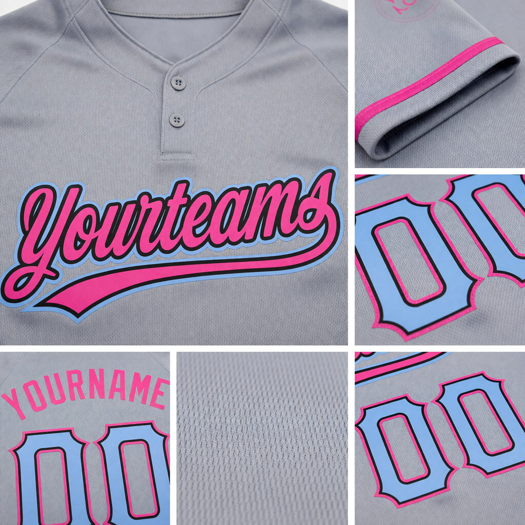 Custom Gray Light Blue Black-Pink Two-Button Unisex Softball Jersey detail