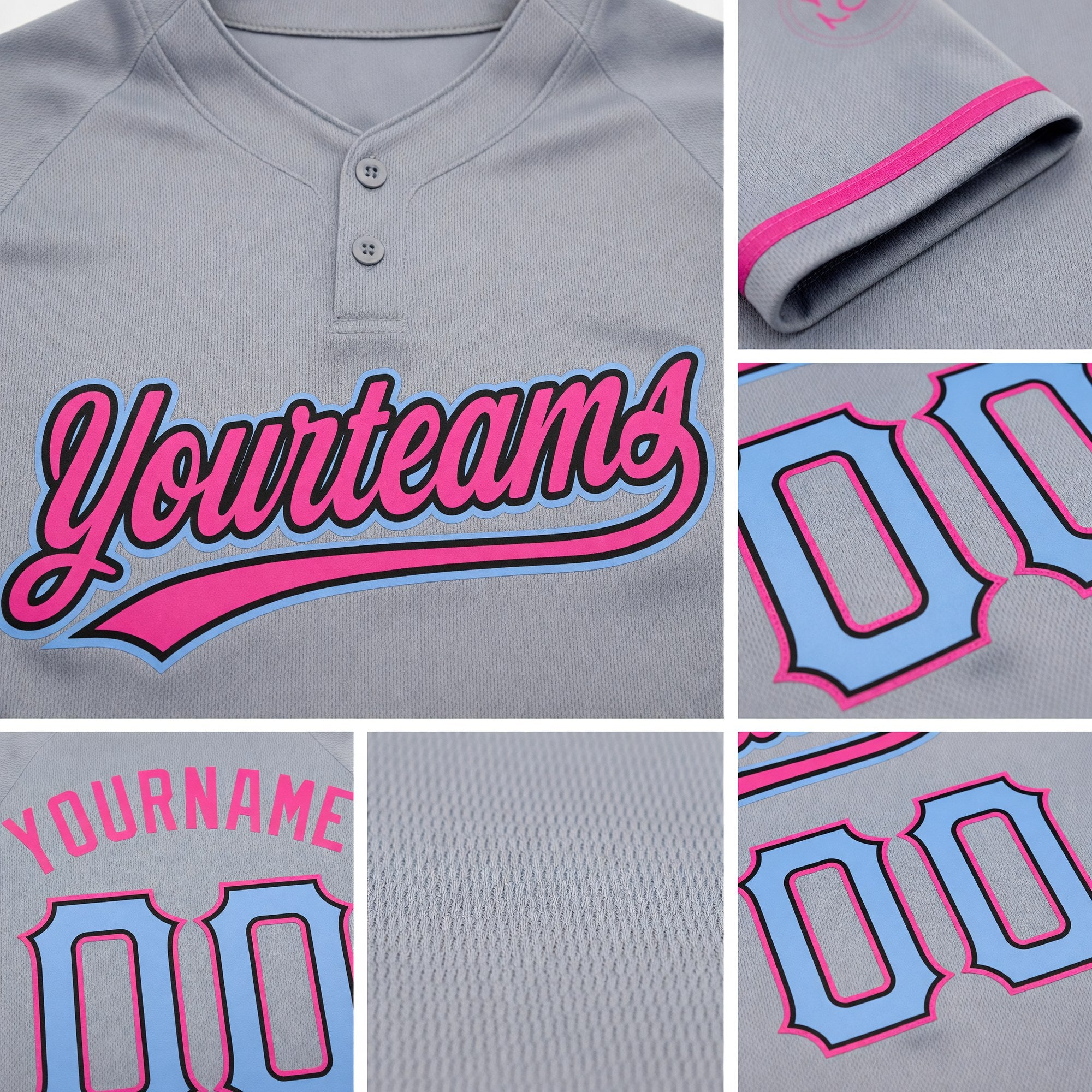 Custom Gray Light Blue Black-Pink Two-Button Unisex Softball Jersey detail