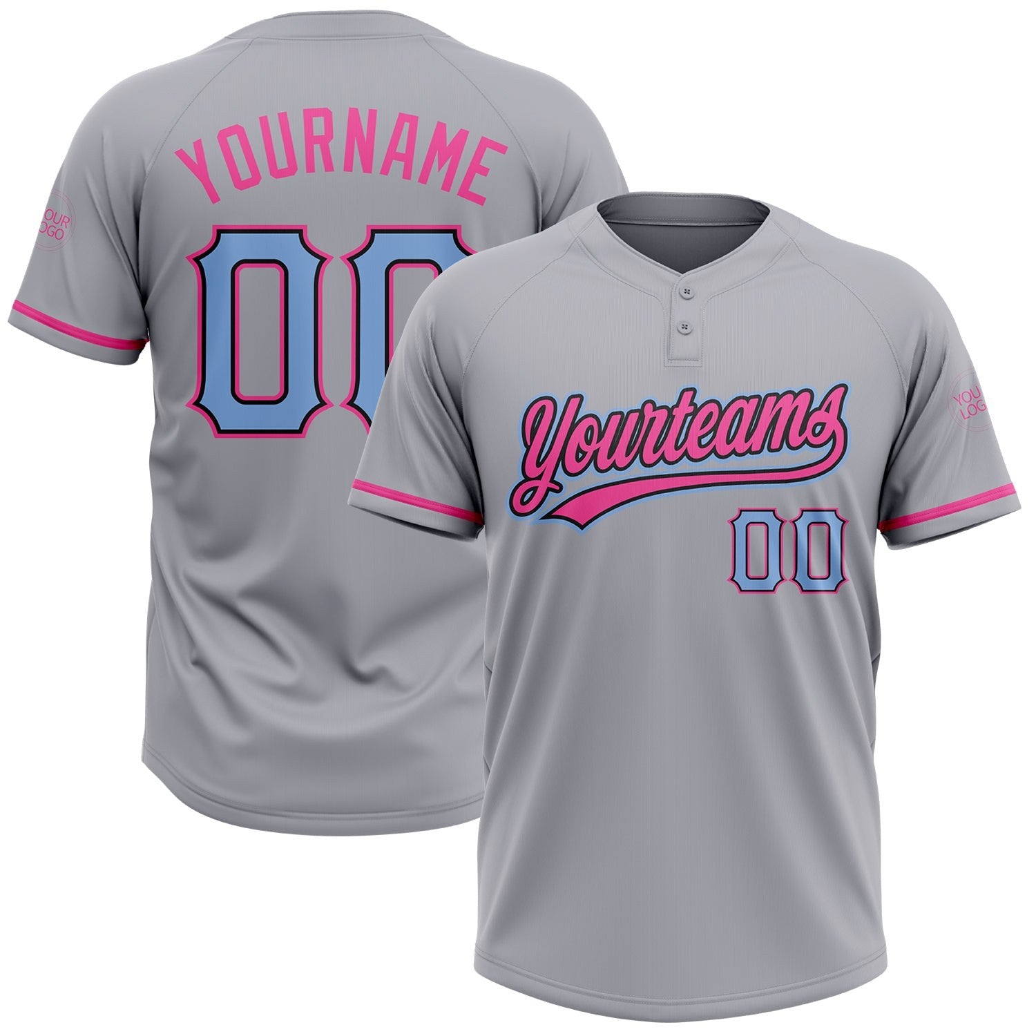 Custom Gray Light Blue Black-Pink Two-Button Unisex Softball Jersey photo 1