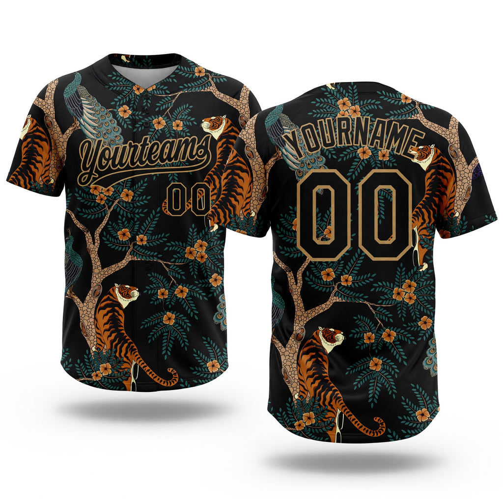 Custom Black Old Gold 3D Pattern Tiger And Peacock Two-Button Unisex Softball Jersey