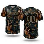 Custom Black Old Gold 3D Pattern Tiger And Peacock Two-Button Unisex Softball Jersey