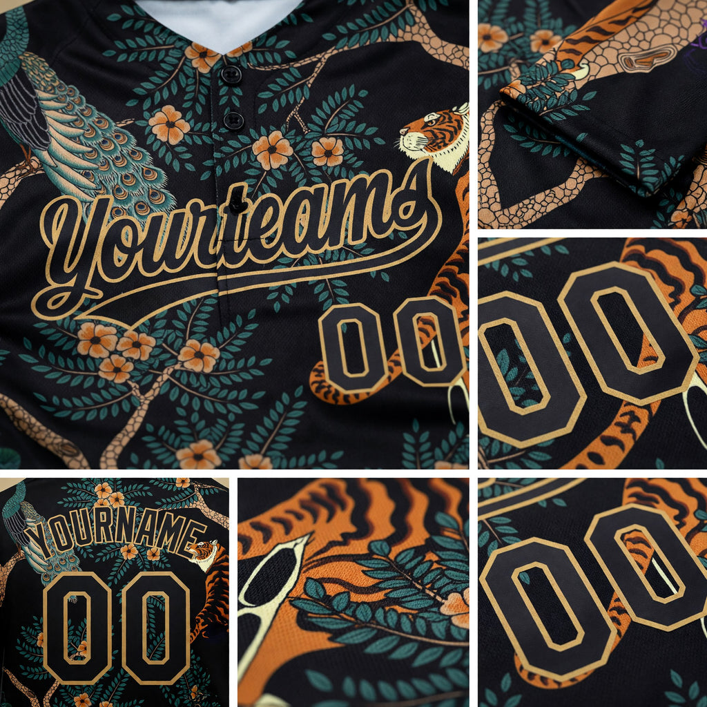 Custom Black Old Gold 3D Pattern Tiger And Peacock Two-Button Unisex Softball Jersey detail