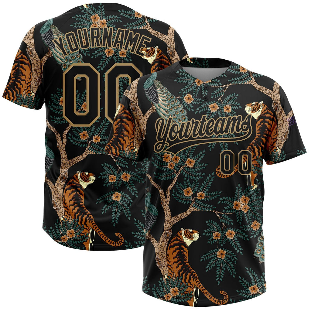 Custom Black Old Gold 3D Pattern Tiger And Peacock Two-Button Unisex Softball Jersey photo 1