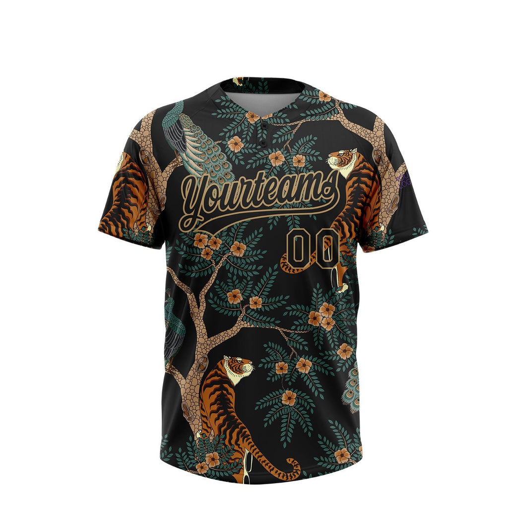 Custom Black Old Gold 3D Pattern Tiger And Peacock Two-Button Unisex Softball Jersey photo 2