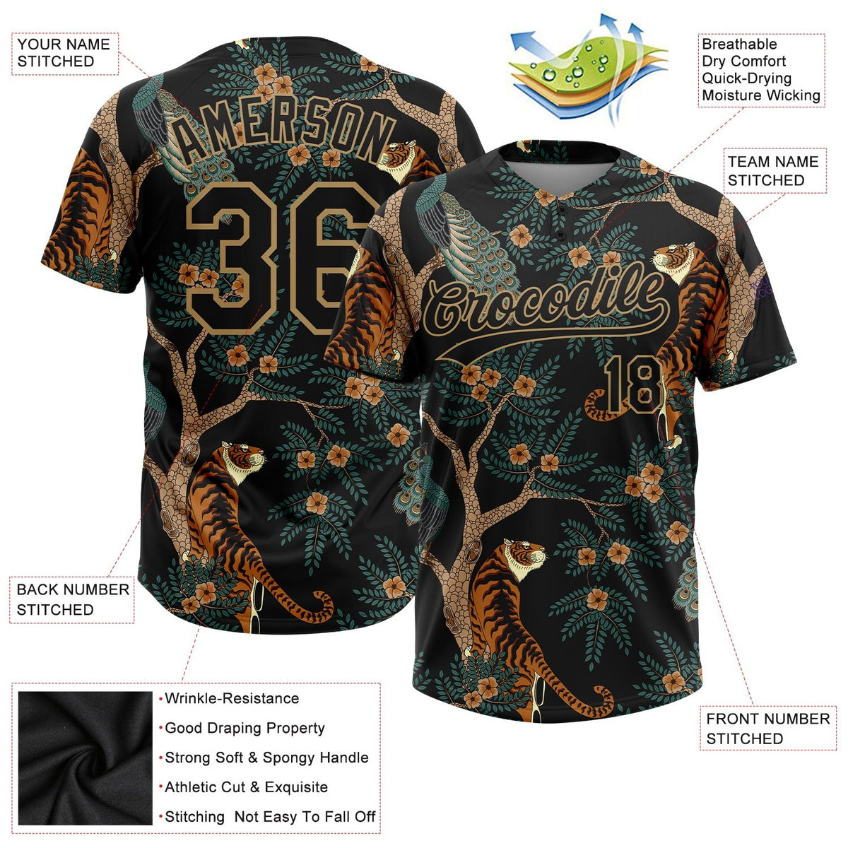 Custom Black Old Gold 3D Pattern Tiger And Peacock Two-Button Unisex Softball Jersey photo 3
