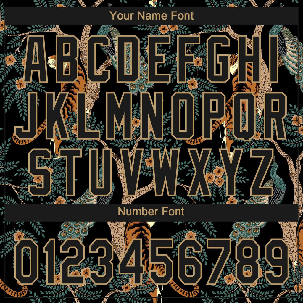 Custom Black Old Gold 3D Pattern Tiger And Peacock Two-Button Unisex Softball Jersey photo 5