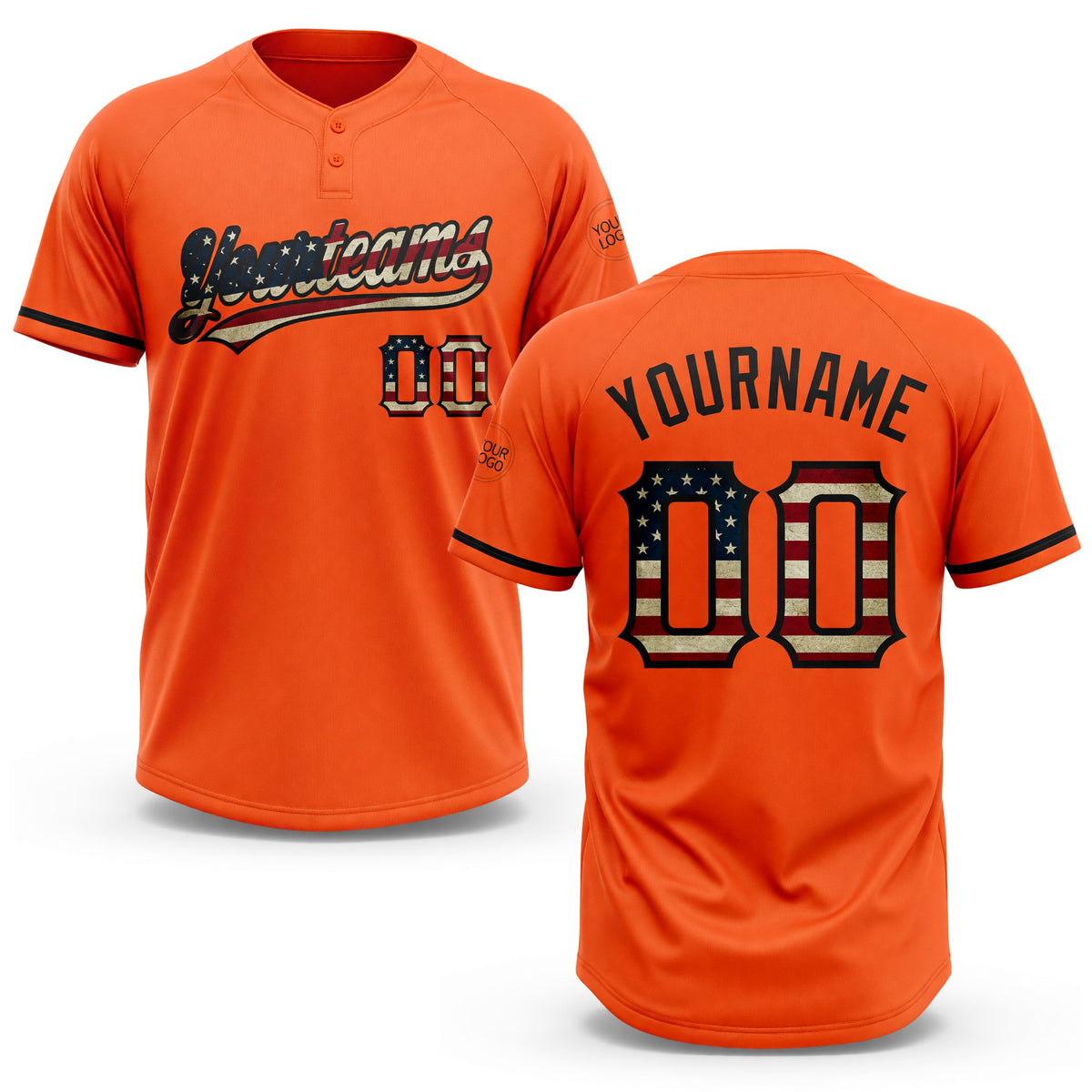 Custom Orange Vintage USA Flag-Black Two-Button Unisex Softball Jersey