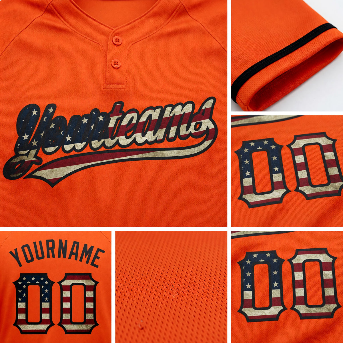 Custom Orange Vintage USA Flag-Black Two-Button Unisex Softball Jersey detail
