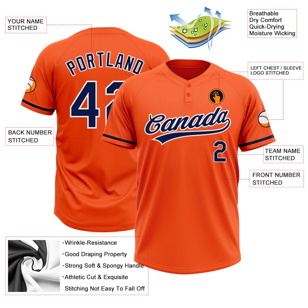 Custom Orange Navy-White Two-Button Unisex Softball Jersey photo 3
