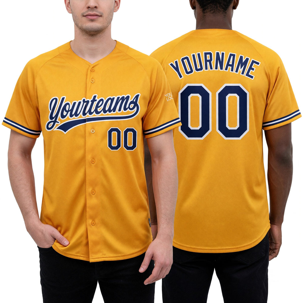 Custom Gold Navy-White Two-Button Unisex Softball Jersey worn front and back