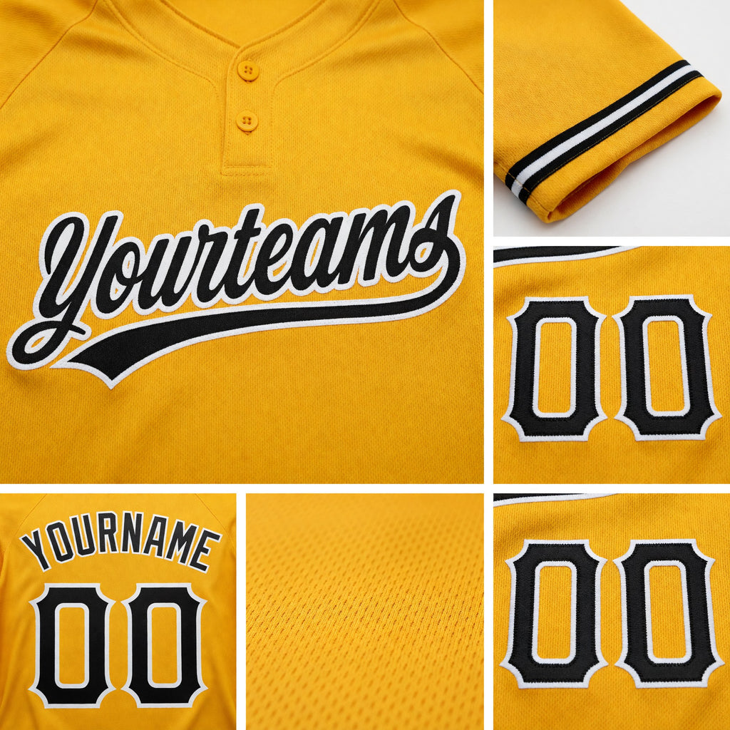 Custom Gold Black-White Two-Button Unisex Softball Jersey detail