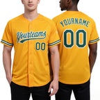 Custom Gold Kelly Green-White Two-Button Unisex Softball Jersey worn front and back