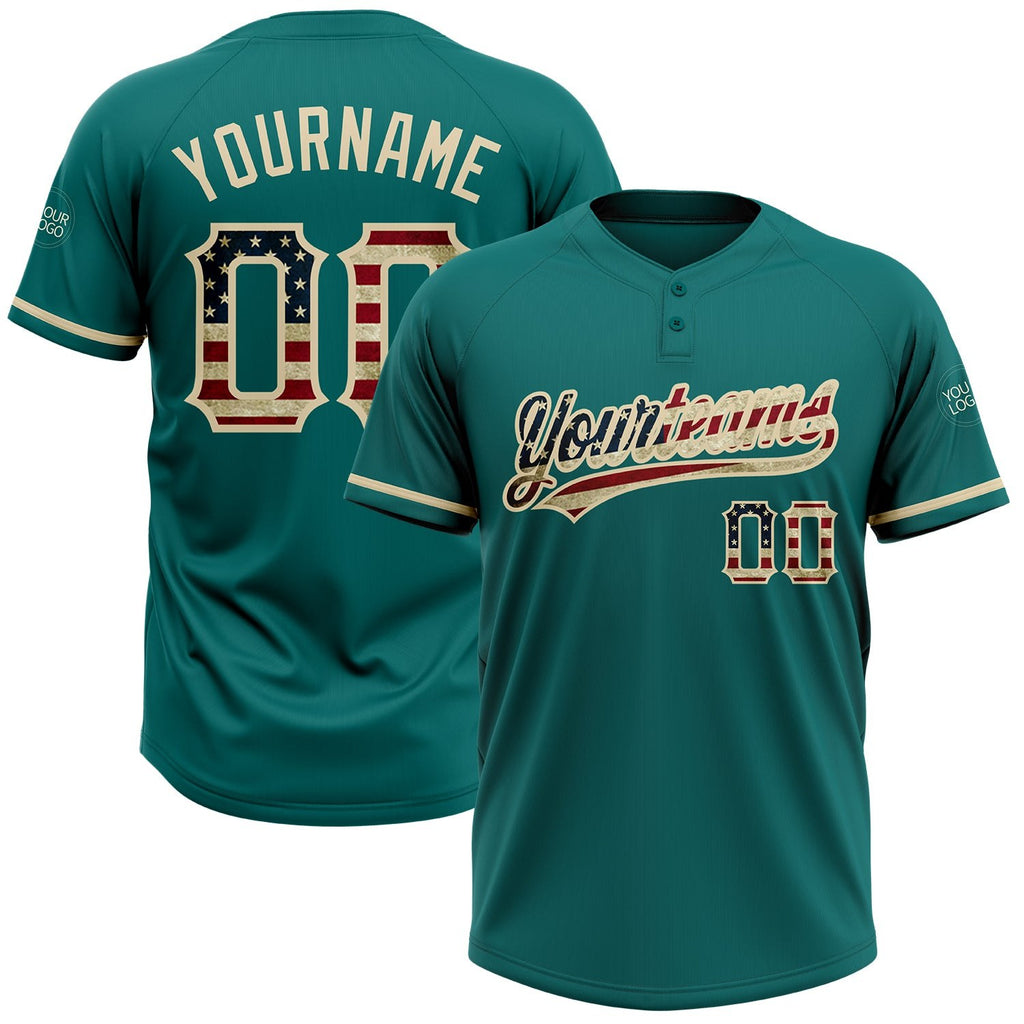 Custom Teal Vintage USA Flag-City Cream Two-Button Unisex Softball Jersey photo 1