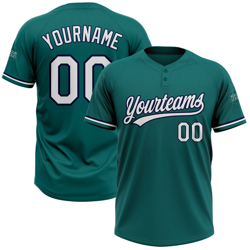 Custom Teal White-Navy Two-Button Unisex Softball Jersey photo 1