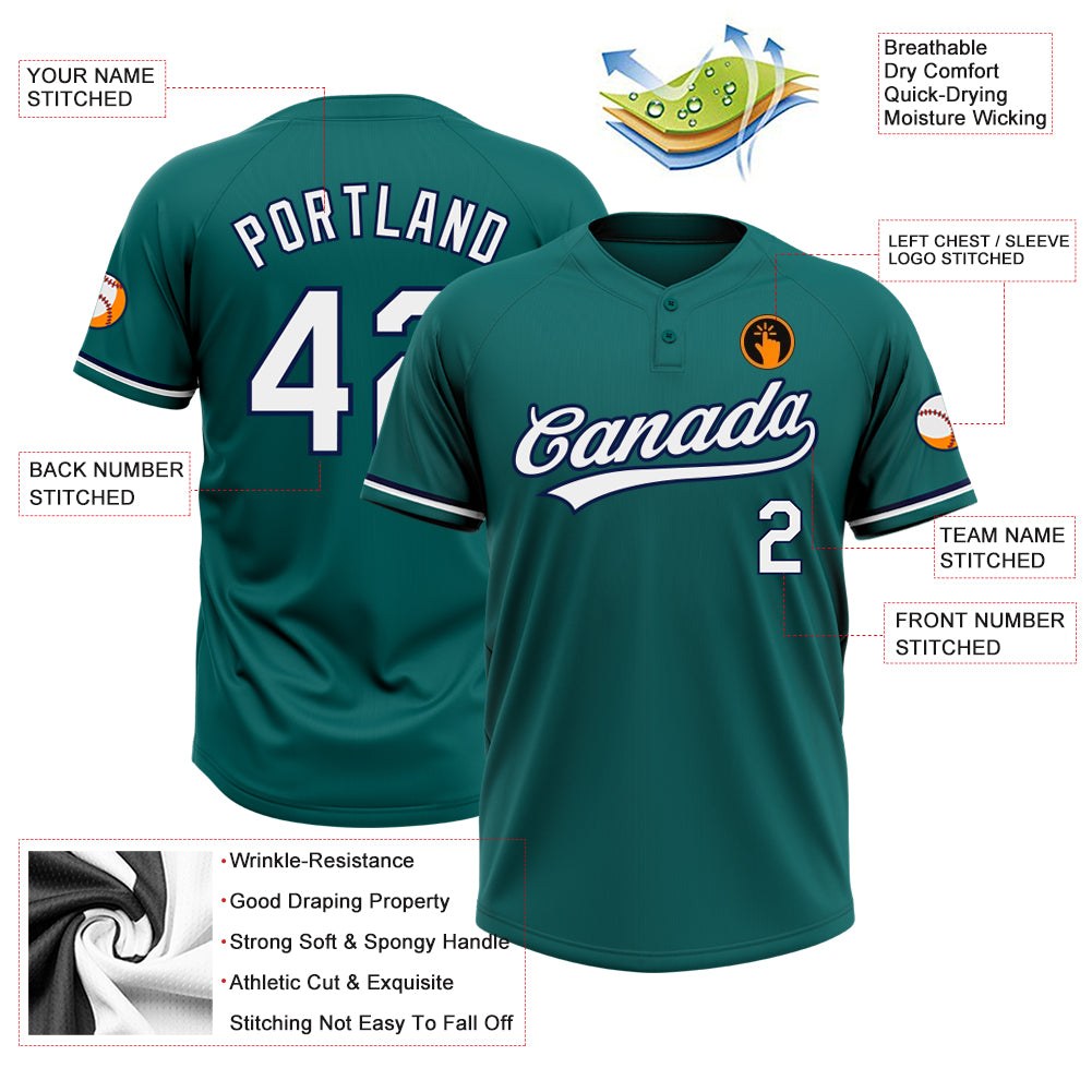 Custom Teal White-Navy Two-Button Unisex Softball Jersey photo 3