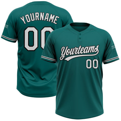 Custom Teal Two Button Softball Jersey with White and Black Lettering