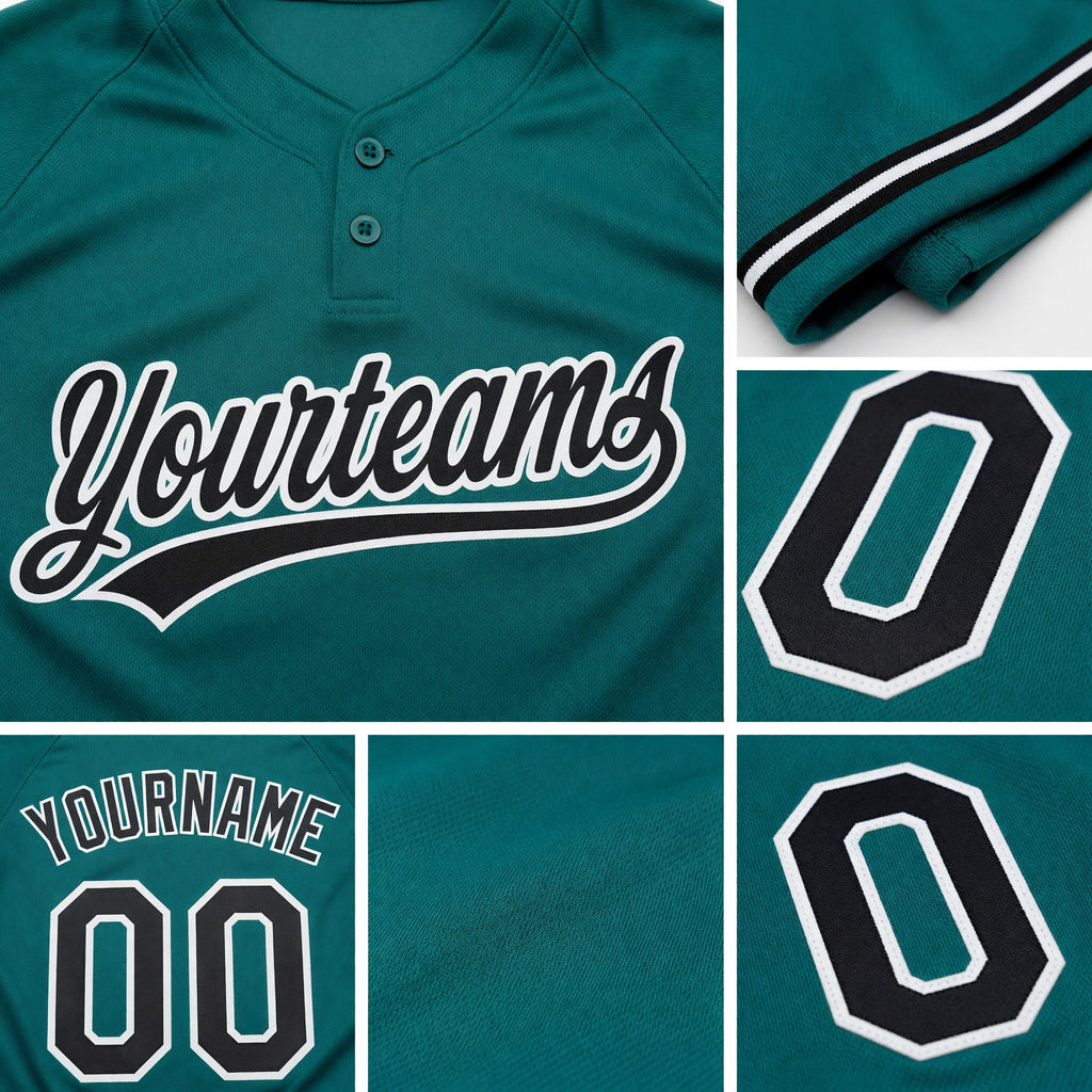 Custom Teal Black-White Two-Button Unisex Softball Jersey detail