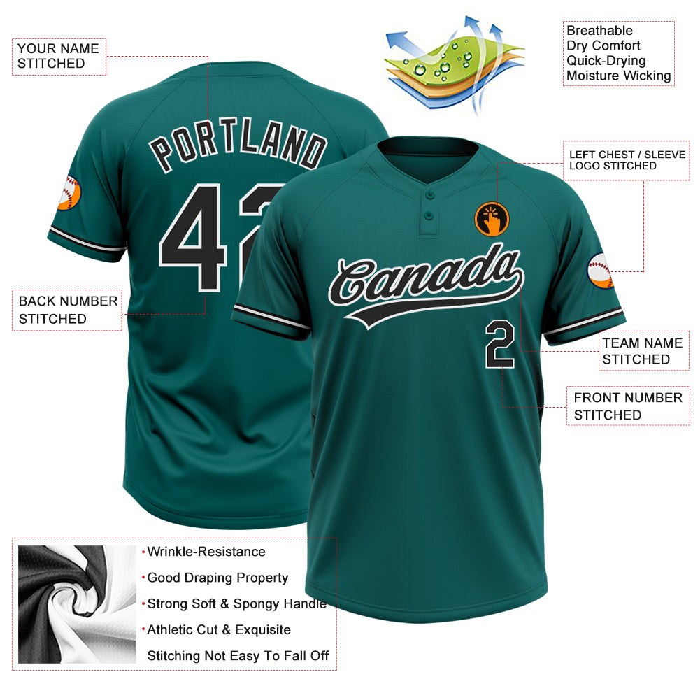 Custom Teal Black-White Two-Button Unisex Softball Jersey photo 3
