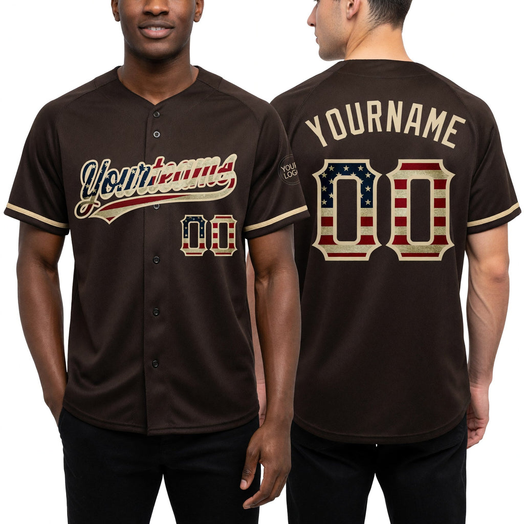 Custom Brown Vintage USA Flag-City Cream Two-Button Unisex Softball Jersey worn front and back