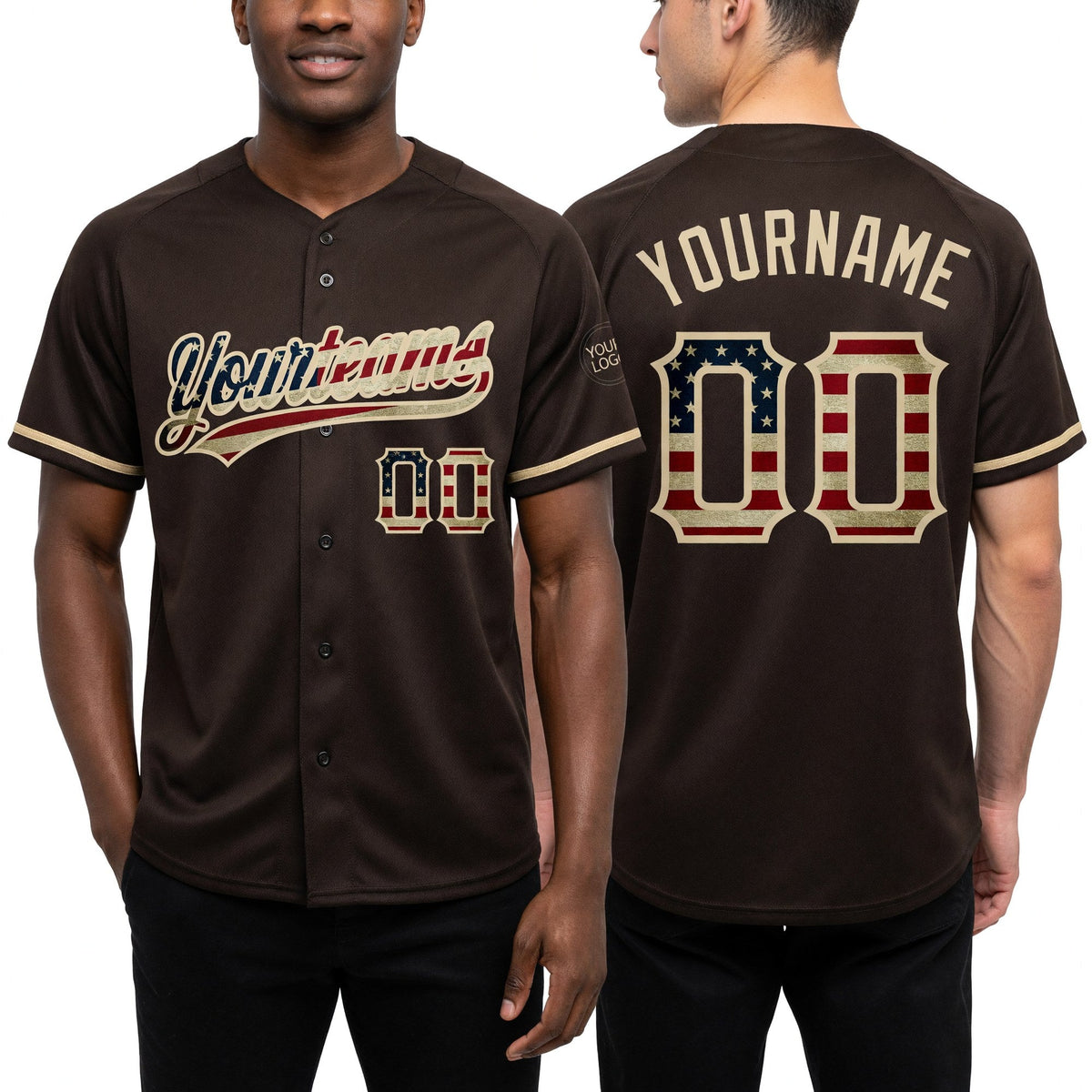 Custom Brown Vintage USA Flag-City Cream Two-Button Unisex Softball Jersey worn front and back