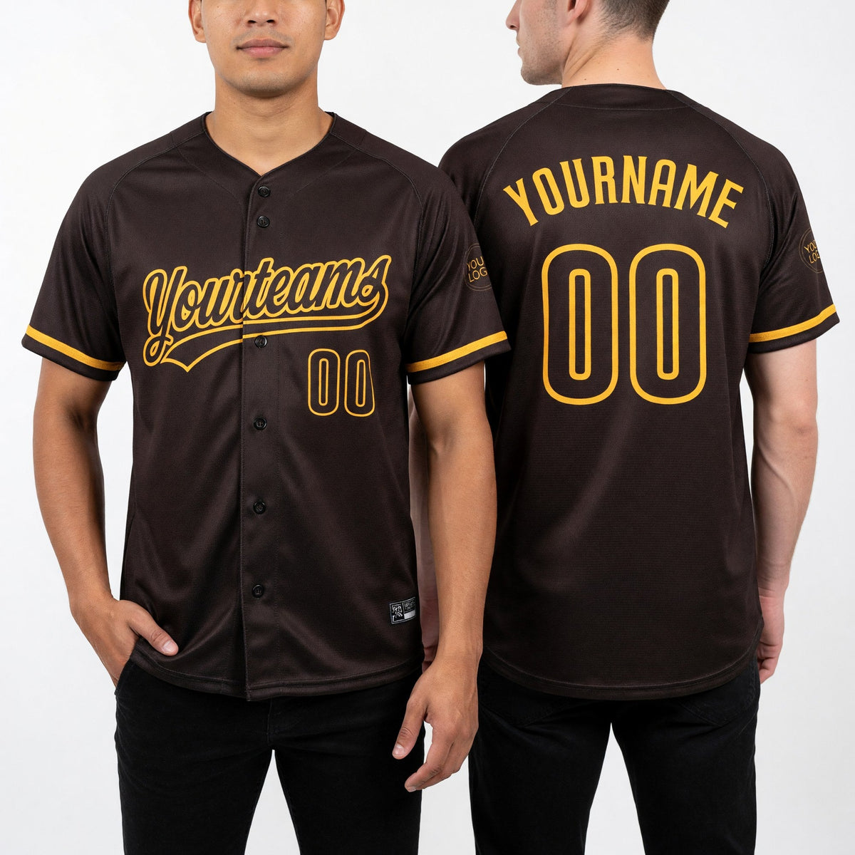Custom Brown Gold Two-Button Unisex Softball Jersey worn front and back